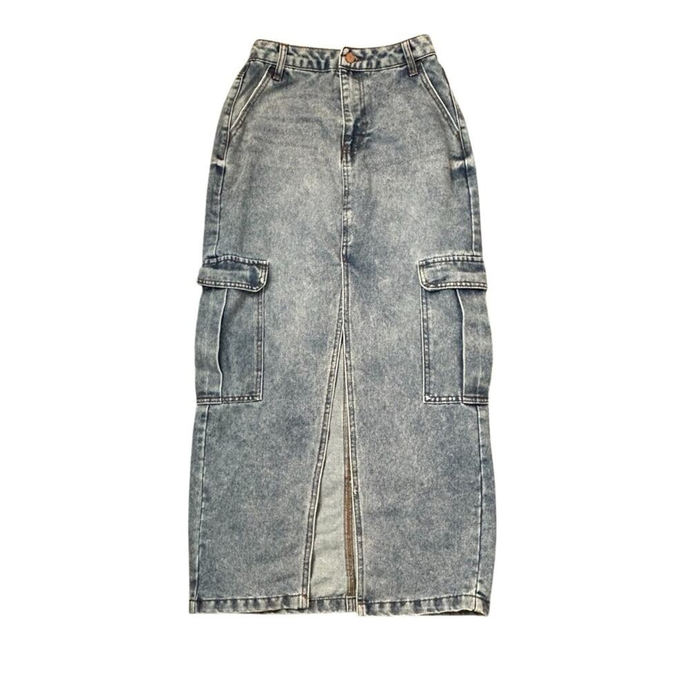 Love, Fire Denim Skirt Juniors Size XS, 1 Cargo Pockets Maxi w/ Front Slit Y2K
